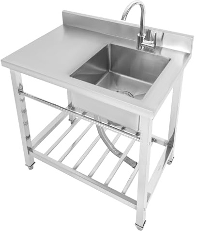 Evier Exterieur De Jardin Evier Cuisine Inox Sur Pied avec Robinet Et étagères, De Rangement Eviers De Restaurant Commercial Pour Garage/Appartement/Sous-Sol/Boutique Facile à Nettoyer (Évier Droit)