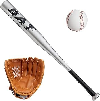D.I.L Baseball Bat Set, 30 Inch Aluminium Metal Bat with Ball and 10.5 Inch Leather-Style Glove, for Outdoor Training, Red, Blue, Black, Silver