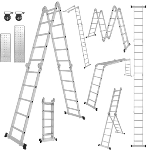 Monucep Escalera multiusos 4 x 5 peldaños, 582 cm, 7 en 1, de aluminio, hasta 150 kg, con 2 plataformas, plegable y articulada