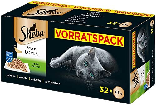 Sheba Katzennassfutter Sauce Lover Feine Vielfalt, 32 Schalen, 32x85g (1 Großpackung) – Katzenfutter nass, in Sauce mit Lachs, Thunfisch, Huhn und Ente (MSC zertifizierter Fisch)