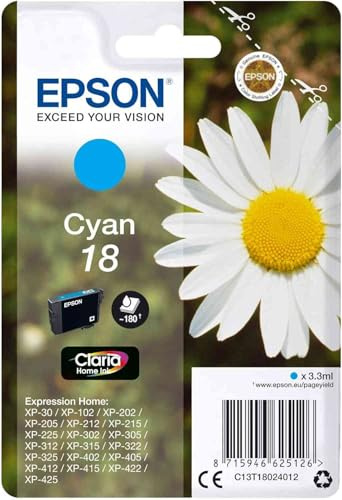 Epson - Cyan Ink Cartridge 18 C13T18024012 for Expression Home XP-30, 102, 202, 205, 212, 215, 225, 302, 305, 312, 315, 322, 325, 402, 405, 412, 415, 415, 415, 402 22, 42 5