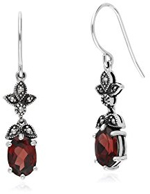 Gemondo Garnet Earrings, Sterling Silver Garnet & Marcasite Oval Art Nouveau Drop Earrings