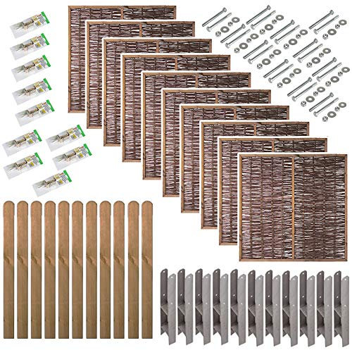 Sichtschutz Weide Premium Weidenzaun Komplettset 19 m – 10 Zaunfelder 180x180 cm mit Holzrahmen & Mittelstrebe, 11 braune Pfosten 9x9x190 cm, H-Anker & Montagezubehör