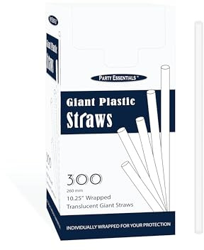 Party Essentials Disposable Plastic Drinking Straws, 10.25 Giant/300 Count, Individually Wrapped Clear