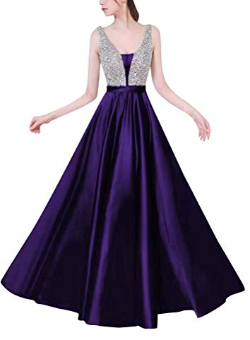 Minetom Femme Col V Maxi Robe De Soiree Élégant sans Manches Fête Mariage Ceremonie Cocktail Robe Swing A-Line Dress Violet FR 40