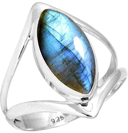 Jeweloporium Bague en argent sterling 925 avec labradorite grise, taille 57, pour femme, bijou bohème avec véritable pierre marquise