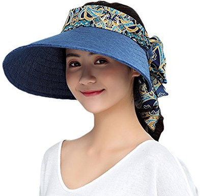 FakeFace Breite Krempe Strohhut Damen Sonnenhut Visor Sommer Strand-Kappe Bowknot Schirmmütze Tennis Cap Faltbar Sommerhut Sonnenschild Schirmkappe Damenhut Baseball Kappe Anti-UV-Hut