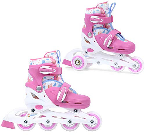 Madivo Cottoncandy Kinder Mädchen Set 2in1 Inliner/Triskates VERSTELLBAR | ABEC-5 Rollschuhe | Inlineskates umbaubar zu Rollschuhe | Weiß/Rosa | Größen: 26-29, 30-33 (S (30-33))