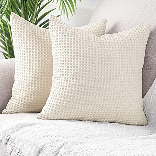 Mandioo 2er Set Waffelpique Texturierte dekorative Kissenbezug kissenbezüge Luxus Moderne Sofakissen Dekokissen Kissenhülle Stil Deko aus Garten Sofa Wohnzimmer Bett,60 x 60 cm,Beige