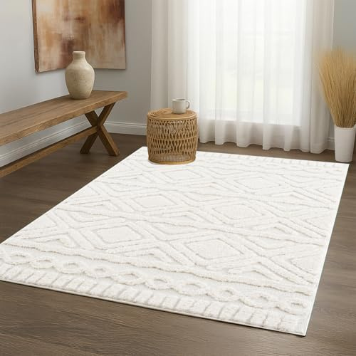 payé Teppich Wohnzimmer Hochflor - 160x230cm - Einfarbig - Pastell Creme - Boho - Modern Raute Ornamente - Skandinavisch Flauschig Weich - Schlafzimmer