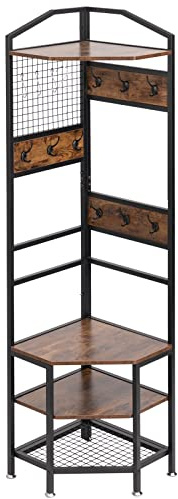 DOEWORKS 4-Tier Corner Industrial Hall Tree, Freestanding Entryway Coat Storage Rack with Hooks and Wooden Storage Shelves, Black
