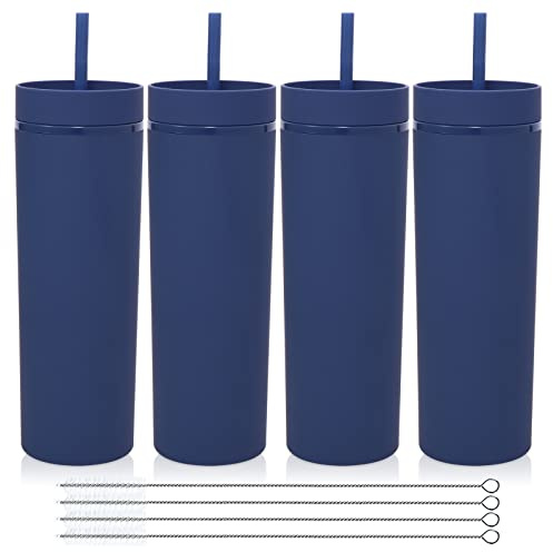 Volhoply 600ml Tumbler en Plastique Réutilisables Lot de 4,Tasse en Plastique à Double Paroi avec Couvercle et Paille,Gobelets à Café en Acrylique de Matte Libre BPA pour Soirées,Cadeaux(Marine,4 Set)