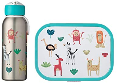 Mepal Thermo-Lunchset Flip-Up Campus | Isolierte Edelstahl Trinkflasche für Kinder | 9 Stunden heiß & 12 Stunden kalt | Bento-Brotdose mit Einsatz & Gabel | Animal Friends