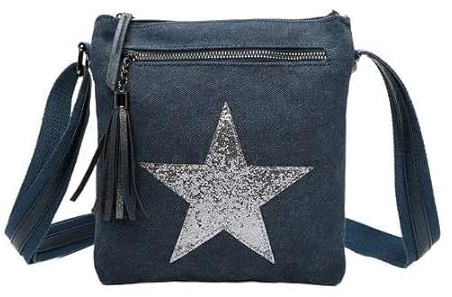 Fontanella Fashion Damen-Handtasche mit zwei Fächern, glänzend, glitzernd, Sterne, Segeltuch, kleine Schultertasche, Umhängetasche