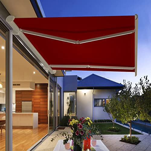 Green Bay Wine Red Full Cassette Electric Awning with Remote Control & LED Light Kit for Garden Patio, 4.5 x 3m