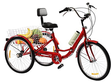 24 Zoll Klapprad Dreirad für Erwachsene Klappbar 7 Gang Tricycle Radfahren Sattel mit Rückenlehne und Becherhalter, Einkaufskorb für Erwachsene und ältere Menschen Rot