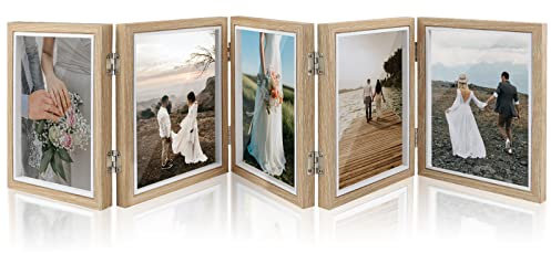 5 Hinged Picture Frame, 5 x 7 Folding Photo Frame with High Definition Acrylic, Wood Made Family Picture Collage Desk Decor, Foldable Vertical Picture Frame, Organ Vertical Photo Frame
