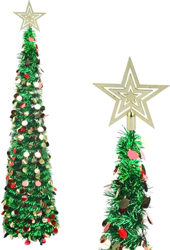 Künstlicher Weihnachtsbaum, 4ft/1.2m Zusammenklappbar Pop Up Weihnachten Bleistift Baum mit Bunten Pailletten Lametta, Glitzernde Funkelnde Dekoration Baum für Weihnachten Hochzeit Party (grün)