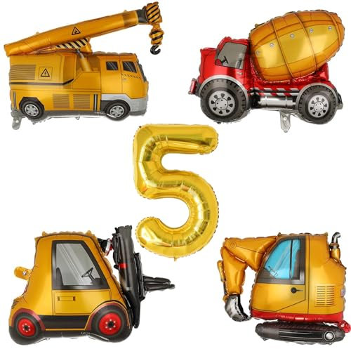 VIKY® Bagger Deko Kindergeburtstag 5, Baustellen Deko Luftballon 5. Geburtstag Junge, Bagger Geburtstag Deko 5 Jahre, Baustellen Party Kindergeburtstag Deko, Folienballon Geburtstagsdeko 5 Jahre Junge
