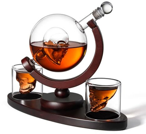 Terre Forme Whiskey Decanter Set Vodka Globe Decanter Avec 2 Verres Distributeur D'alcool Avec Bois Stand Outils Bar, Bouteille De Whisky, 850 ML