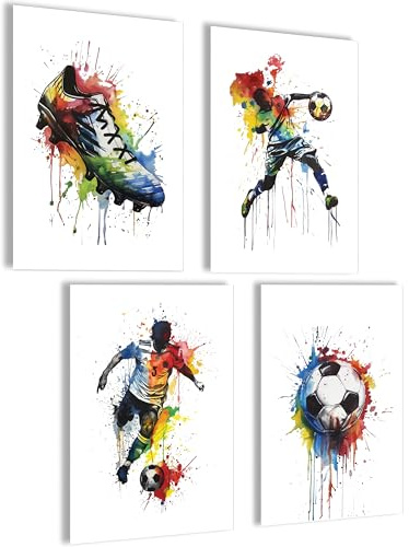 Fußball Poster Set Modern Buntes Fußball Wandbild mit Spieler Ball und Schuh – Sport Kunst Druck für Wohnzimmer Jugendzimmer Büro Geschenk für Fußball Fans