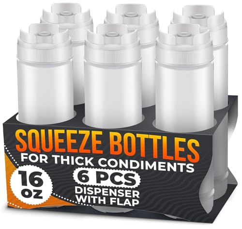 6 Pcs Condiment Squeeze Bottles 16 Oz - 9.2x2.44 Clear Bottles With Self-Closing Valve, Flexible, Easy to Clean and Fill - Dispenser for Sauces and Dressings