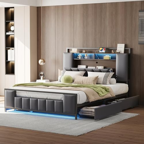 Ymkua Polsterbett Doppelbett 140x200 cm, Bett mit Stauraum, Stauraumbett mit LED-Licht, Jugendbett mit 4 Schubladen, Bettgestell mit USB-Port Kopfteil und Eisen Lattenrost, Grau, Ohne Matratze