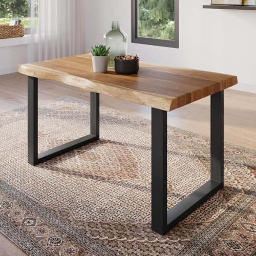 trelevo Esszimmertisch 120x80 cm Akazie naturfarben U-Gestell Baumkante | Akazienholz massiv, Tischplatte, schwarz, Baumkantentisch