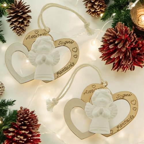 Doni Bomboniere 6 unidades de colgador angelito de yeso de Navidad de madera con corazón DIY adornos navideños decoración árbol de Navidad paquete regalo grabado original barato gadget familia