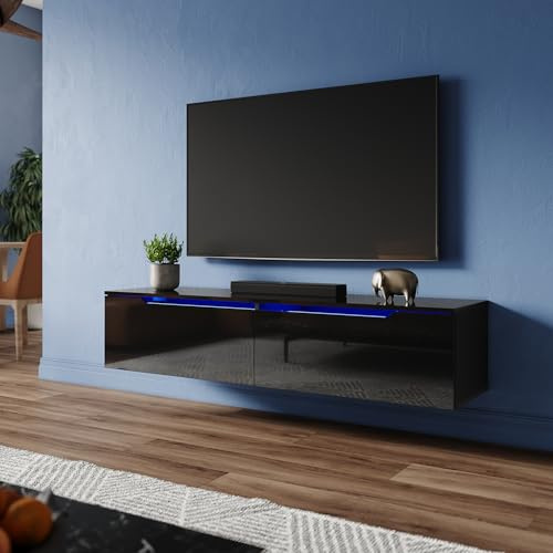 ZANOFIRA Floating TV Unit Stand with RGB LED Lighted, High Gloss TV Stand with 2 Large Pull-Down Door, Modern Wall Mounted TV Cabinet for Living Room, 1400x350x300mm, Black