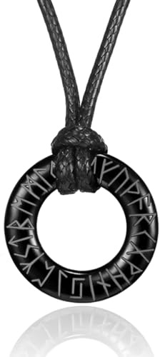 RWQIAN Rune Wikinger Kette Herren Punk Lederkette mit Rune Anhänger Schwarz Nordische Amulett Schmuck Kette 65cm Geschenk für Männer