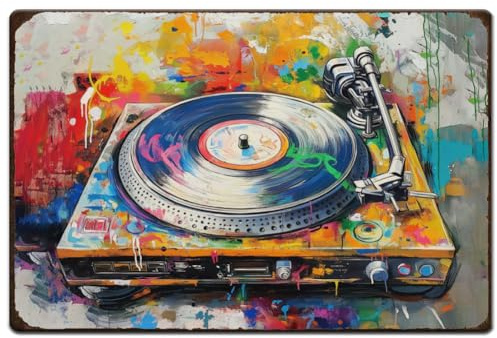 Street Art Colorful Turntable Metal Tin Sign Hip Hop Music Wall Art Sign for DJ Studio Home Game Room Bar Man Cave Gift