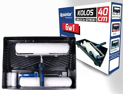 PAINTER - Komplettes Malerset 6in1, 2 Malerwalzen 10cm, 2 Farbwalzen 40cm, Verstellbarer Griff, Handgriff, Farbwanne, Einsatz für Farbschale, Komplettset für Malerarbeiten - Mikrofaser
