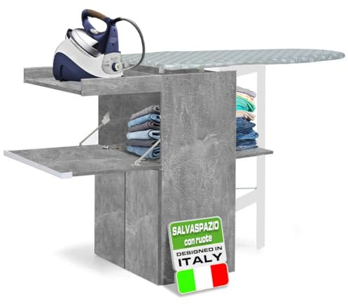Shally Dogan Mobile Asse da Stiro a Scomparsa Salvaspazio Richiudibile, Mobiletto Pieghevole Telaio in Legno per Stiratura Veloce, 4 Ruote per Spostamento, Ideale Lavanderia, Bagno (Cemento)