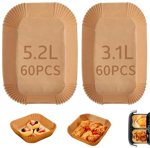 120 fogli di carta da forno per friggitrice ad aria doppia (5,2/3,1 L), rettangolari. Perfetti per friggere e grigliare facilmente. Accessori pratici, resistenti al calore e facili da usare.
