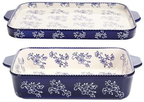 Temp-Tations 9x13 Inch Blue Floral Lace Deep Dish Casserole Baking Dish with Lid - Hand-Painted Ceramic Large Baking Dishes for Oven Set of 2, Oven to Table Bakeware, Large Ceramic Stoneware Set
