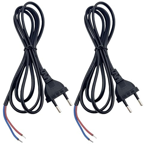 Leloco Eurostecker Kabel mit Stecker -2 Stücke 300cm Kabel mit Stecker – Euroflachstecker mit Leitung – Stromkabel 2 Polig, Kabelstecker, IP20-2 x 0,75 mm² Stromkabel- (Schwarz)