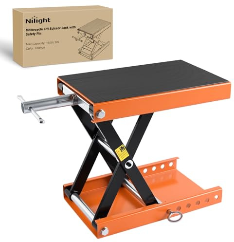 Nilight Motorcycle Lift Jack 1100 LBS Scissor Jacks Stand Lift with Wide Deck Safety Pin Handle 3.4-14.2 Height Adjustable Hoist Stand Garage Repair Lifter for Motorcycles ATV Dirt Bike, Orange