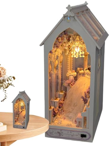 Kit de maison de poupées miniatures DIYs | Maison de poupées miniatures | Maison de jardin avec lumières LED | Serre-livres en bois 3D | Petite maison décorative avec lumière LED pour bibliothèque