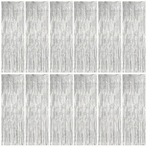 12 Stück Silberner Lametta Vorhang, Glitzervorhang Lametta 1m x 2m, Glitzer Party Vorhang, Glitzer Tinsel Curtain für Party Deko Geburtstagsdeko Hochzeit Festivals Bühnendekor Weihnachten Party Deko