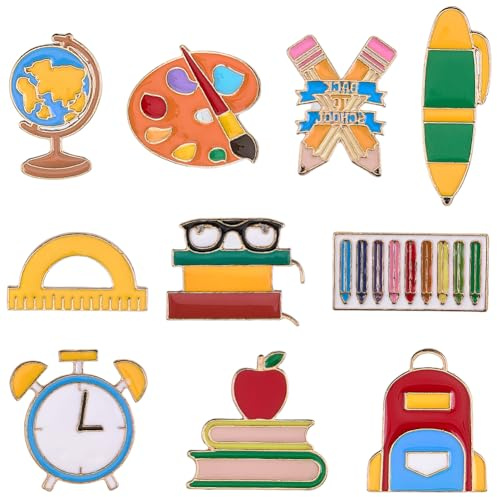 SUNNYCLUE 1 boîte de 10 styles D'Épingles à Thème Scolaire Ensemble de Broches de Rentrée Scolaire Règle de Livre en Émail Stylo Planche à Dessin Badges D'Étiquette Broches D'Enseignant pour Sac à Dos