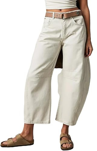 Barley Direct Women Wide Leg Barrel Jeans Baggy Mid Waist Cropped Balloon Denim Pants Vintage Boyfriend Y2k Loose Streetwear Jeans(#5 Brown,L)
