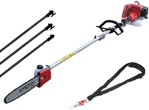 Synergy Podadora de Altura a Gasolina 65cc 4,9CV, Motor 2 Tiempos, Espada 25cm, 3 Extensiones y Correa de Soporte Profesional