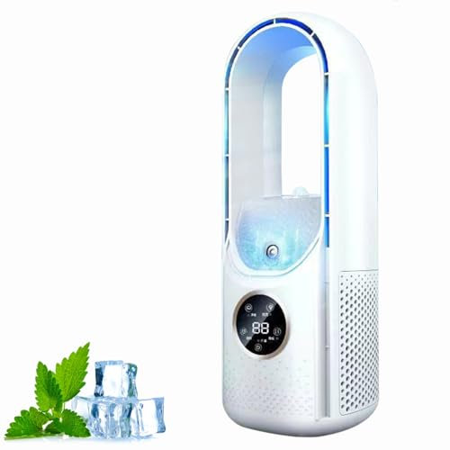 Tragbare Klimaanlage Kühlventilator Leise, Briza Ac, Verdunstungs-Mini-Klimaanlage mit 6 Modi und 7-Farbigem Nachtlicht, Bladeless Turmventilator für Schlafzimmer, Küche & Büro (Weiß)