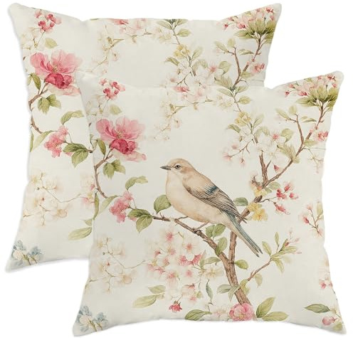 Set di 2 federe per cuscini primaverili con fiori di pesco e uccello, decorative, quadrate, per divano, letto, soggiorno, camera da letto, 71 x 71 cm