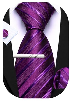 Barry.Wang Herren-Krawatten-Set, klassisch, Satin, Krawatte, Einstecktuch, Manschettenknöpfe, Clip, 4 Stück, für Herren, Hochzeit, formell, Business, Dunkelviolett, einfarbiges Violett, Einheitsgröße
