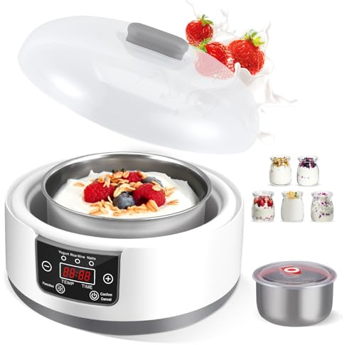 Probiotic Yogurt Maker with 5 Glass Jars and Stainless Steel Bowl, 1.2L Yogurt Machine with LED Display, Adjustable Temp & Timer, Electric Yogurt Machine for Homemade Making Organic,Natto,Fermentation