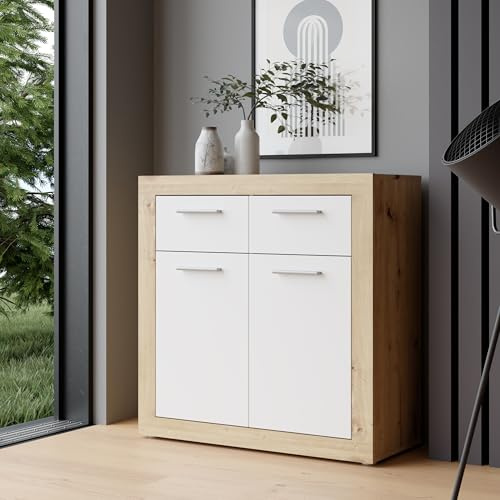 Forte BACCIO Kommode 80 85, modernes Sideboard für Wohn-/Schlafzimmer, 2-türig, 2 Schubladen, Holzwerkstoff, Artisan Eiche Holzdekor|Weiß, 152,7 cm breit x 85,5 cm hoch x 41 cm tief