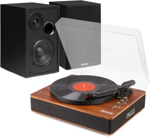 Fenton RP162D Bluetooth Turntable & Audizio 80W HiFi Active Bookshelf Speakers Set, Home Audio System, Wireless Record Player, Vinyl to Digital USB, Built-In Stereo, RCA, Dark Wood Finish