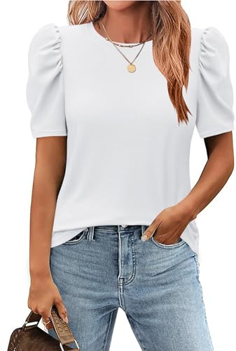Zeagoo Kortärmad T-shirt dam sommar rund hals elegant T-shirt med putsade ärmar tunika topp